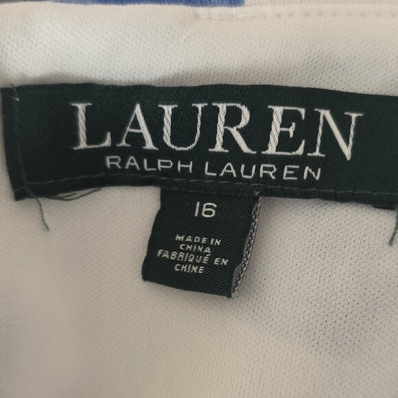 Ralph Lauren Royal Blue Floral Lace Trim Sheath Dress 3/4 Sleeves Womens Sz 16 - Picture 11 of 13